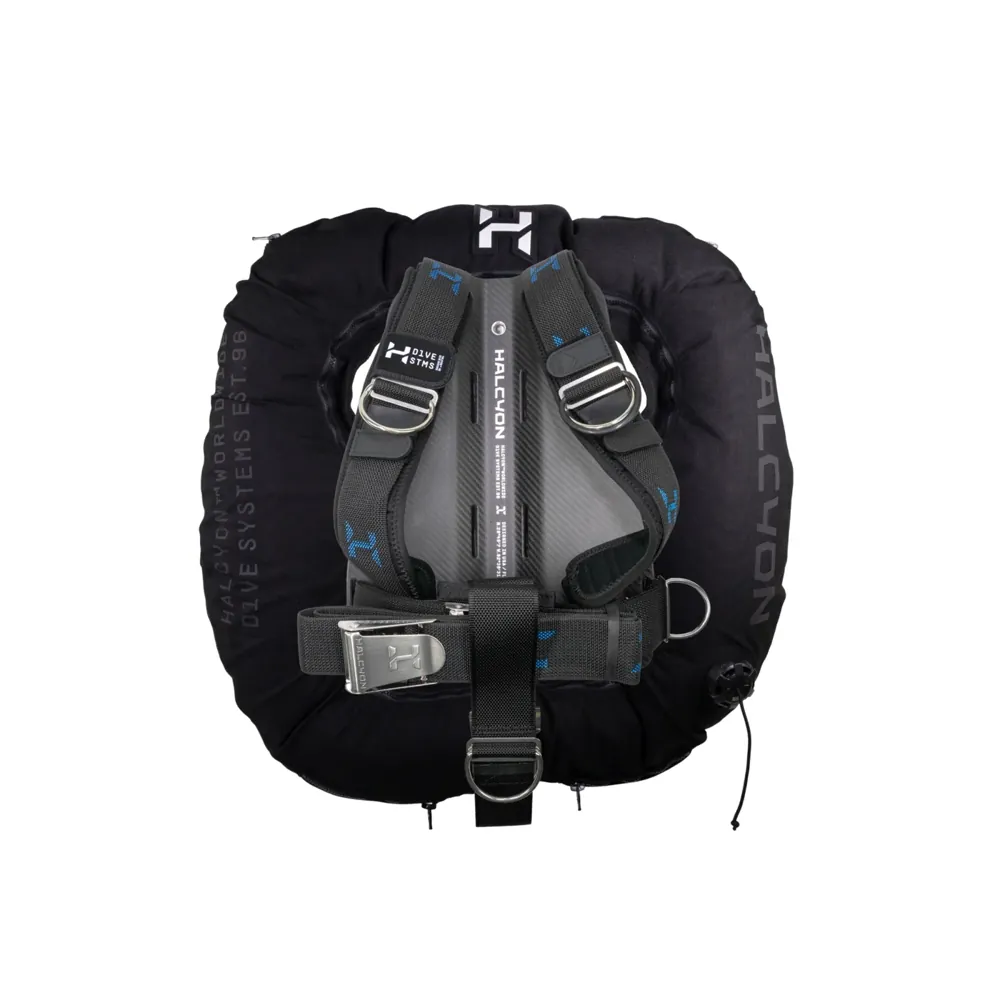 מערכת Halcyon Pro Doubles BC System במבט מאחור עם כנף שחורה, בקפלייט מסיבי פחמן, ריפוד אפור ורתמה