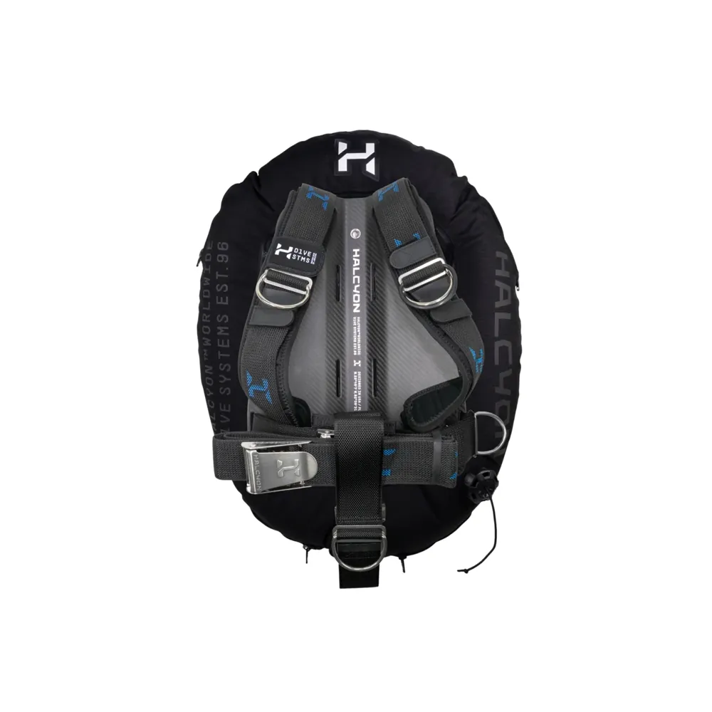 מערכת Halcyon Pro BC System במבט מאחור, עם כנף שחורה, גב מסיבי פחמן, ריפוד אפור, רתמה ומתאם למכל