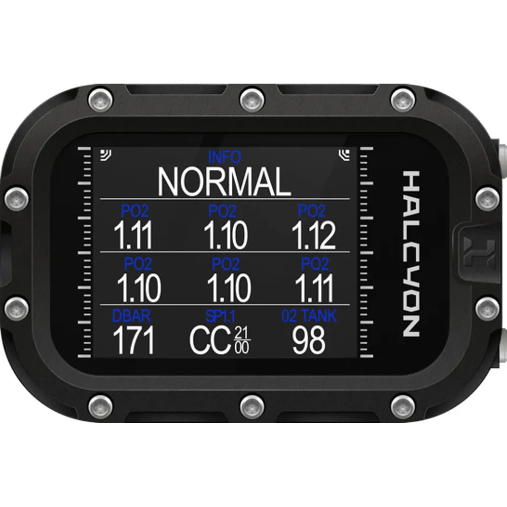 מחשב הצלילה Halcyon Symbios Silver מציג מסך צלילה במעגל סגור