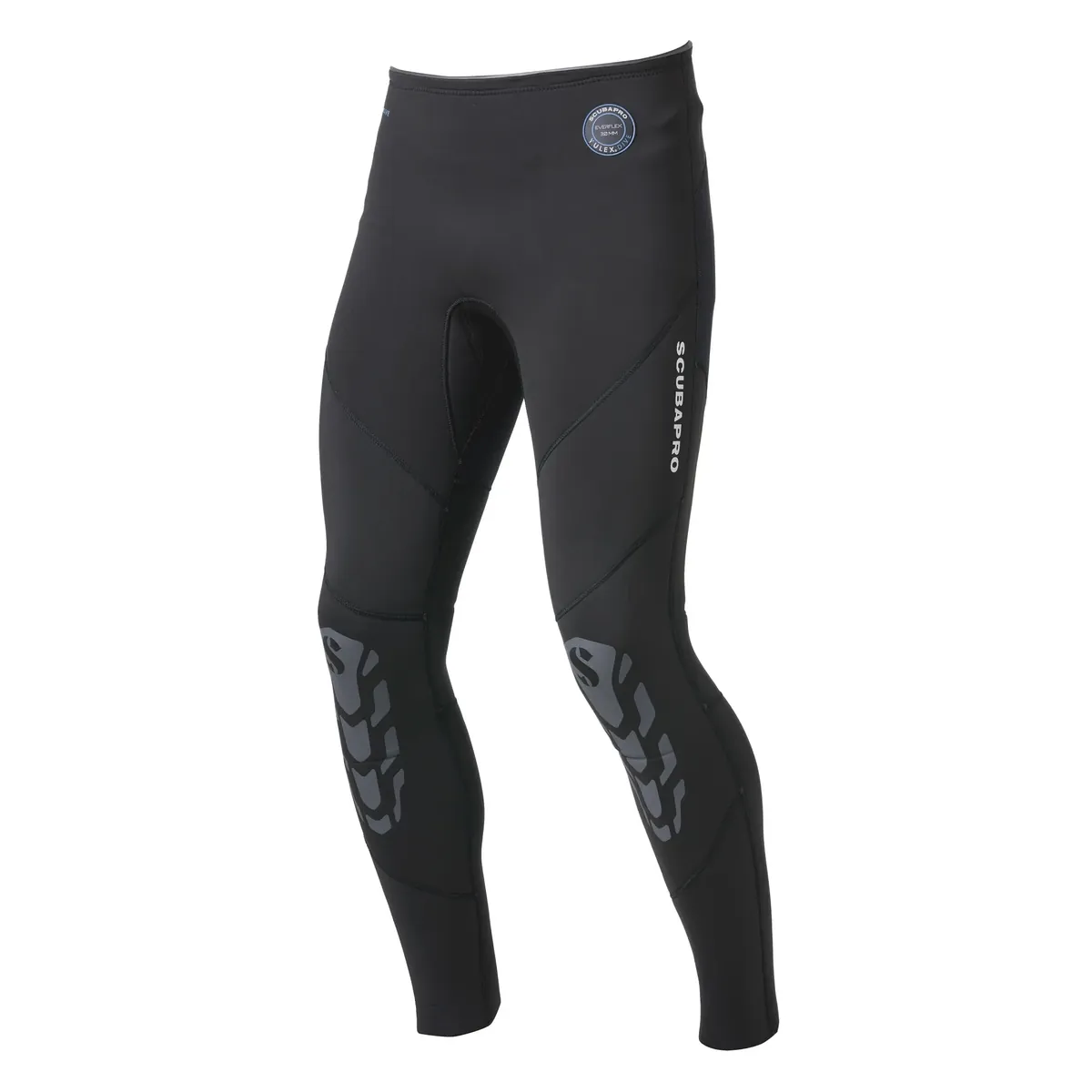 מכנסי Everflex YULEX 3mm Pants לגברים במבט קדמי, בשחור עם הדפסי הגנה אפורים בברכיים ותג יולקס על הירך