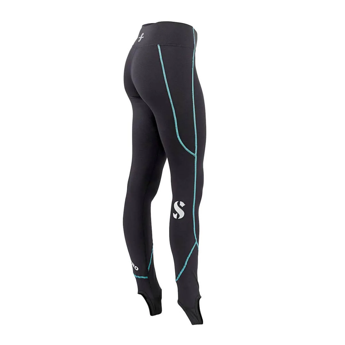 מכנסי K2 Light Pants לנשים במבט מאחור ומהצד, בשחור עם תפרים בטורקיז ורצועות עקב