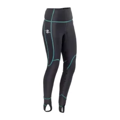 מכנסי K2 Medium Pants לנשים במבט חזיתי, שחורים עם תפרים בטורקיז Caribbean, חגורת מותן רחבה וגבוהה ורצועות עקב