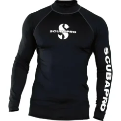 חולצת UPF 50 Rash Guard שחורה לגברים של SCUBAPRO, עם שרוולים ארוכים ולוגו לבן