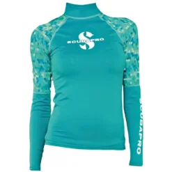 חולצת UPF 50 Rash Guard לנשים בצבע טורקיז עם הדפס קריבי על השרוולים